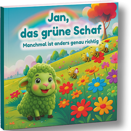 Buntes Kinderbuch mit einem grünen Schaf auf einer blühenden Wiese voller Blumen.