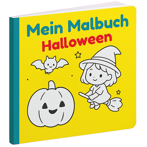 Malbuch mit Halloween-Motiven: Hexe, Kürbis und Fledermaus auf gelbem Hintergrund.