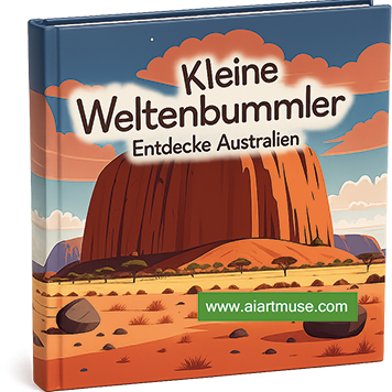 Buchcover mit Titel "Kleine Weltenbummler: Entdecke Australien" und Berglandschaft.