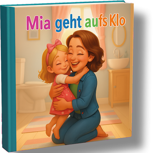 Mutter umarmt Tochter vor einem Badezimmer mit einem Kinderbuchtitel.