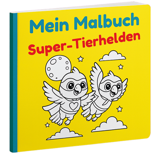 Buntes Malbuch mit fliegenden Tierhelden auf gelbem Hintergrund.