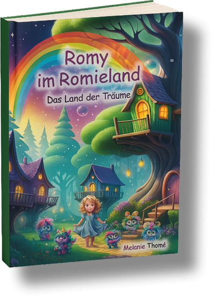 Buchcover mit einem Mädchen vor einem bunten Baumhaus und Regenbogen im Märchenland.