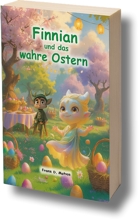 Ein Märchenbuchcover mit bunten Eiern und fantastischen Charakteren im Osterland.