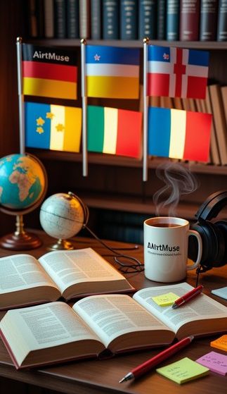 lektorat Ein Schreibtisch mit offenen Büchern, Flaggen, einer Kaffeetasse und einem Globus.