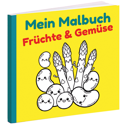 Buntes Malbuch mit Cartoon-Gemüse und Früchten auf gelbem Hintergrund.