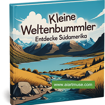 Buchcover mit dem Titel "Kleine Weltenbummler: Entdecke Südamerika" und Berglandschaft.