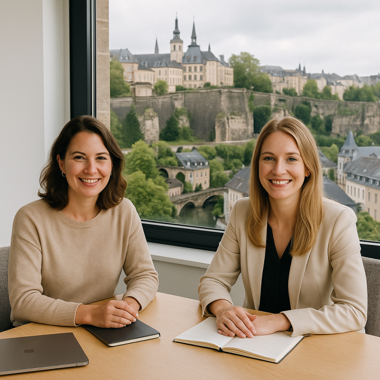 Zwei Frauen am Tisch mit Blick auf eine Stadtlandschaft und historische Gebäude.