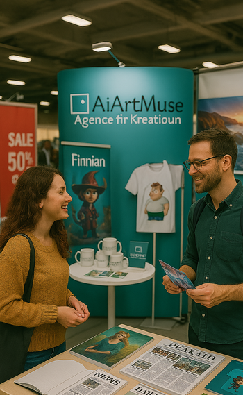 Ein Mann und eine Frau sprechen an einem Messestand der Agentur AiArtMuse.