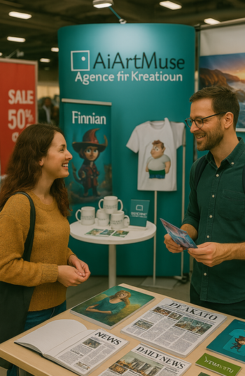 druckerei Ein Mann und eine Frau sprechen an einem Messestand mit Info-Material und Merchandise.