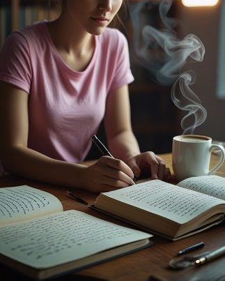 Autorin Eine Person mit einem Stift schreibt an einem Tisch mit geöffneten Büchern und einer Tasse dampfenden Kaffees.