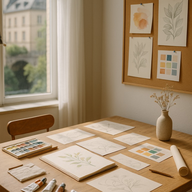 Ein kreativer Tisch mit Skizzen, Farben und einem Vase auf einem hellen Hintergrund.