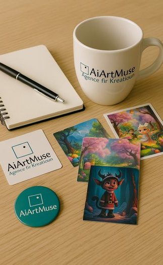 Becher, Notizbuch, Stift und farbige Karten mit A11Motive-Designs auf einem Tisch.