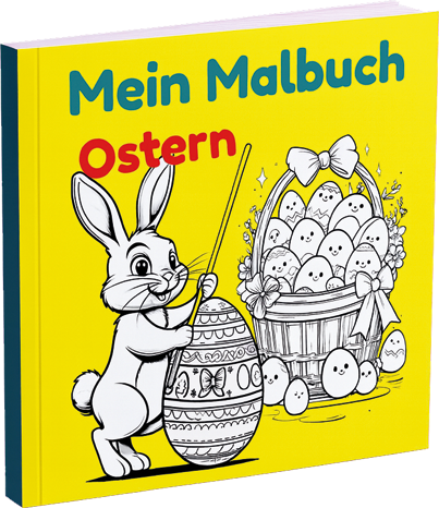 Malbuch mit einem Hasen, der ein Osterei bemalt, und einem Korb voller Eier.