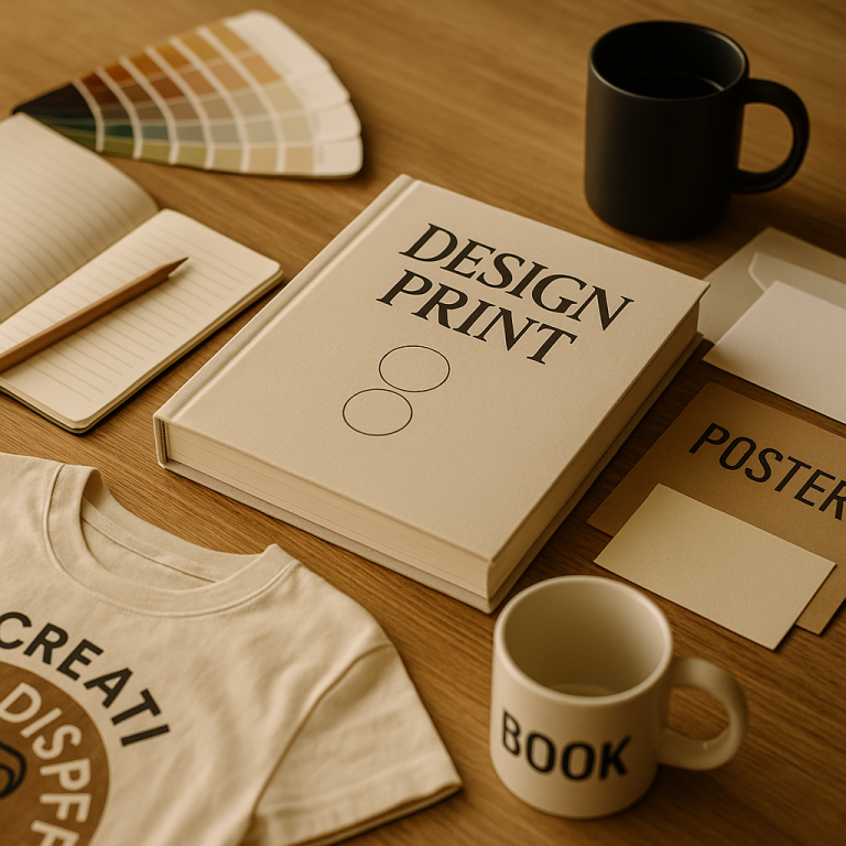 Ein Tisch mit einem Buch über Design, Tasse, Notizbuch und Farbmustern.