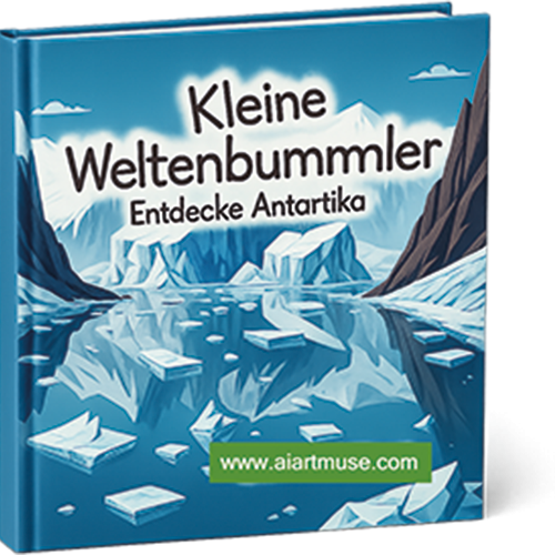 Buchcover mit dem Titel „Kleine Weltenbummler: Entdecke Antarktika“ und Eislandschaft.