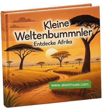 Buchcover mit dem Titel "Kleine Weltenbummler: Entdecke Afrika" vor einer Savannenlandschaft.