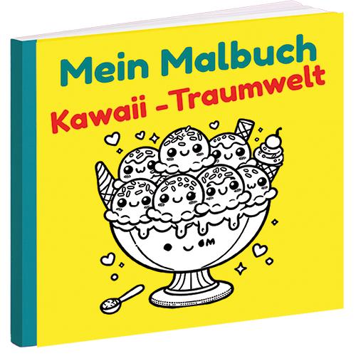 Ein Malbuch mit einem bunten Eisbecher und dem Titel "Kawaii - Traumwelt".