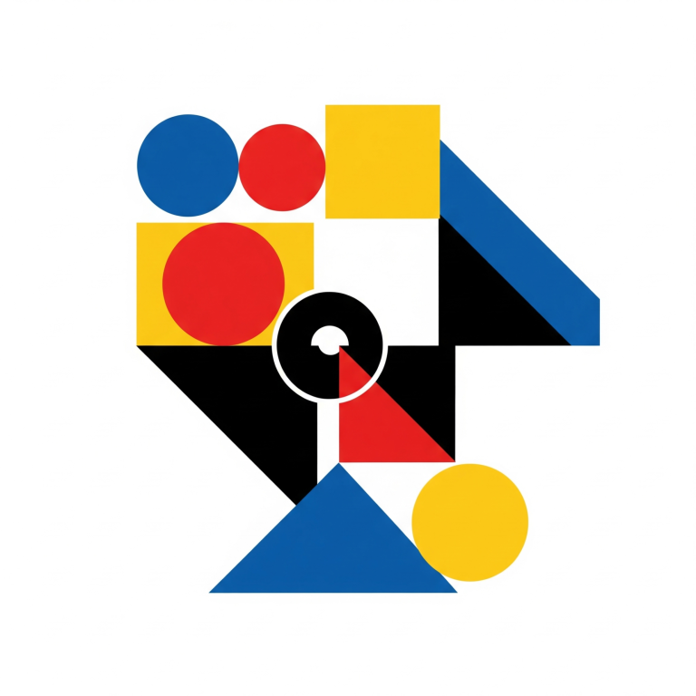 Bunte geometrische Formen in verschiedenen Anordnungen, dominant in Rot, Blau, Gelb und Schwarz.