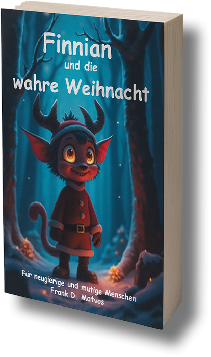 Finnian mit Hörnern steht im Wald, umgeben von blauen Lichtern und Weihnachtsstimmung.