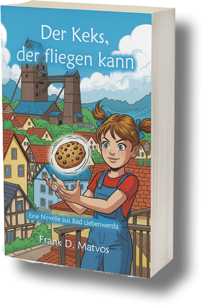 Ein Junge hält einen fliegenden Keks vor einer bunten Stadtlandschaft.