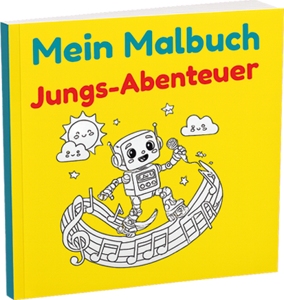 Buntes Kinderbuch mit einem Roboter, der auf einer Musiknote tanzt, Titel in rot und blau.