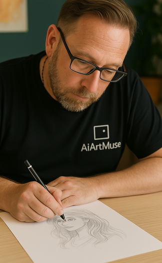 Mann zeichnet eine Skizze auf Papier, trägt ein schwarzes T-Shirt mit Logo.
