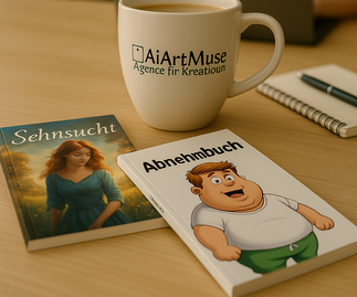 Verlagswerke Zwei Bücher liegen auf einem Tisch, neben einer Tasse und einem Notizblock.