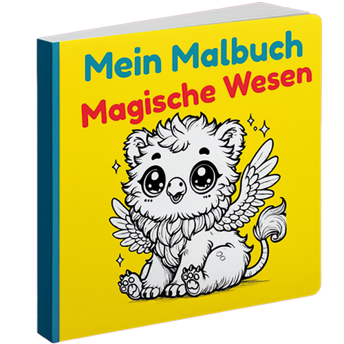 Ein farbenfrohes Malbuch mit einem niedlichen, geflügelten Wesen auf dem Cover.