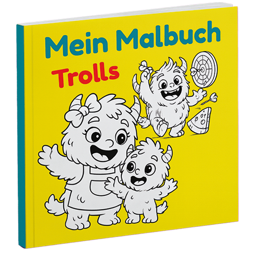 Ein Malbuch mit fröhlichen Trollfiguren auf gelbem Hintergrund.