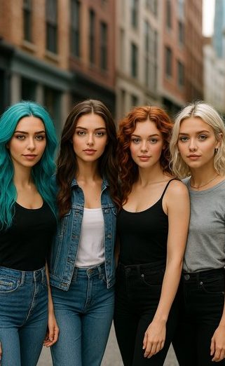 Vier junge Frauen stehen lächelnd in einer Stadtstraße, jede mit unterschiedlicher Haarfarbe.