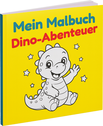 Buntes Malbuch mit einem fröhlichen Dinosaurier und dem Titel "Dino-Abenteuer".