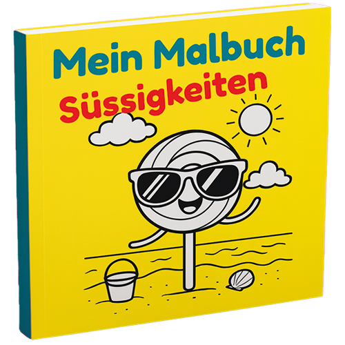 Malbuch mit einem fröhlichen Lolli in Sonnenbrille am Strand.